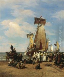 Abfahrt Der Heringsflotte Bei Scheveningen by Andreas Achenbach