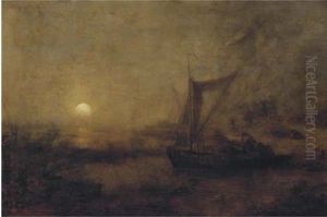 Fishing By Moonlight (study) by Andreas Achenbach