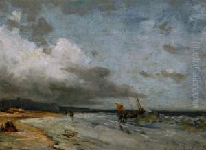 Ausfahrende Fischer Am Sturmischen Nordseestrand by Andreas Achenbach
