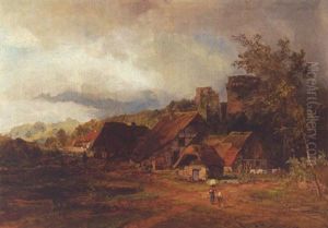 Landschaft Mit Dorf Und Burgruine by Andreas Achenbach