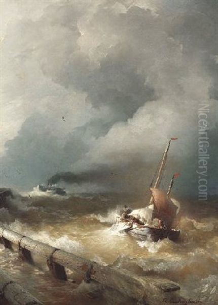 Dampfer Und Segelboot Bei Sturmischer See In Der Hafeneinfahrt - view 1