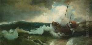 Marine - Fischerboot Bei Hohem Wellengang Auf See by Andreas Achenbach