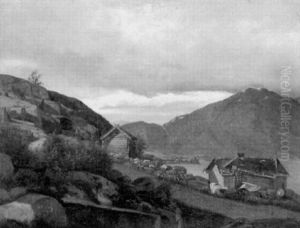 Nordische Berglandschaft Mit Holzhausern An Einem See by Andreas Achenbach