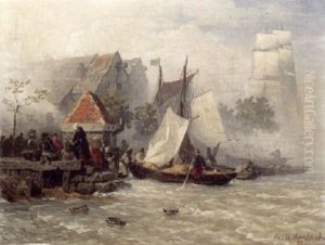 Ankernde Fischer In Einem Hollandischen Hafen by Andreas Achenbach