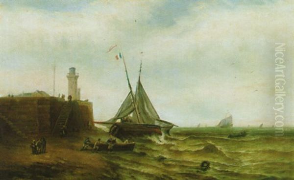Fischerboote Am Strand Vor Der Kaimauer Mit Dem Leuchtturm - view 1