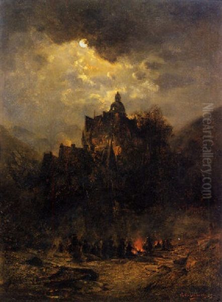 Lagerfeuer Unterhalb Einer Burg Mondschein - view 1
