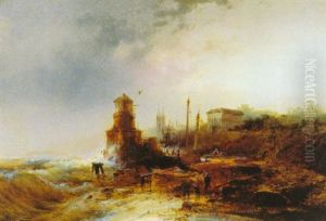 Lighthouse With Fishermen Bringing In Their Boats by Andreas Achenbach