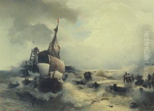Anlandende Fischer Vor Kaianlage Mit Leuchtturm. Sturmische See by Andreas Achenbach