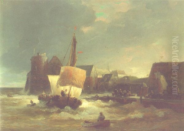 Schiff In Sturmischer See Vor Einem Hafen - view 1