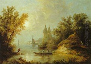 Abendliche Flusslandschaft Mit Einem Fischerboot by Andreas Achenbach