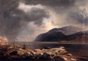 Norwegische Landschaft Mit Fortziehendem Regen, Im Hintergrund Ein Regenbogen by Andreas Achenbach