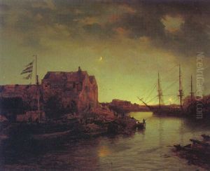 Hollandischer Hafen Bei Nacht by Andreas Achenbach