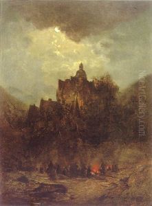 Lagerfeuer Unterhalb Einer Burg Bei Mondschein