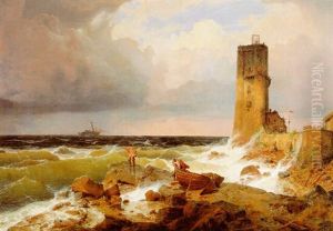 Grosse Marine Mit Leuchtturm by Andreas Achenbach