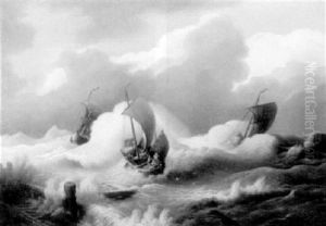 Drei Fischerboote Im Sturm by Andreas Achenbach