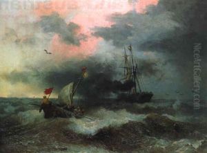 Ein Dampffrachter Mit Segelleistung Und Entgegenkommendem Lotsen In Der Abendsonne Vor Der Hollandischen Kuste by Andreas Achenbach