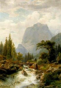 Hut In A Mountainous Landscape With Figures Fording A Torrent