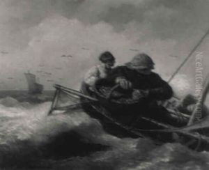 Fischer Im Boot Auf Bewegter See by Andreas Achenbach