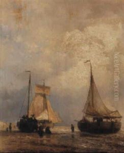 Beach Scene With Figures And Beached Boats by Andreas Achenbach