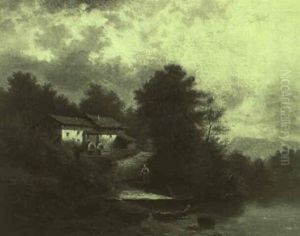 Muhle Im Gebirge, Im Vordergrund Bauerinam Ufer Eines Gebirgssees by Andreas Achenbach