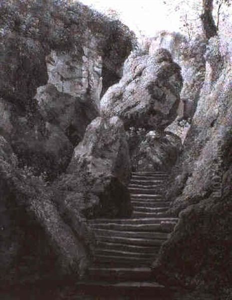 Waldschlucht Mit Treppenstufen Zwischen Bemoosten Felsen - view 1