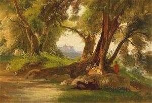 Figures Resting In A Forest Glade, Castel Gandalfo In The Background