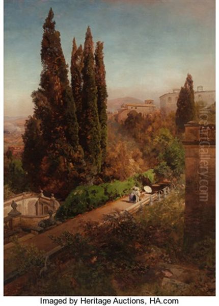 View From High In The Gardens Of Villa Torlonia, Frascati, Rome by Oswald Achenbach