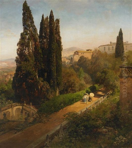 Malerin Unter Zypressen Im Park Der Villa D'este Bei Rom by Oswald Achenbach