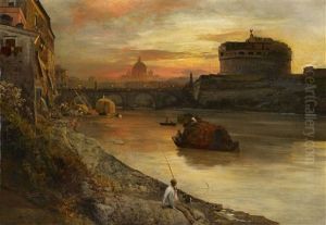 View Of Rome With The Castel Sant'angelo And A Fisher On The Banks Of The Tiber