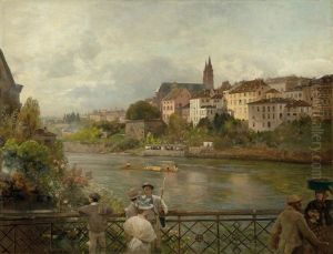 View From The Middle Bridge On The Rhine Towards Basel Cathedral by Oswald Achenbach