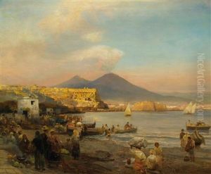 View Of The Bay Of Naples With Vesuvius At Sunset by Oswald Achenbach