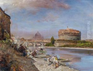 Am Ufer Des Tiber In Rom. Blick Auf Die Engelsburg Und Die Kuppel Des Vatikans