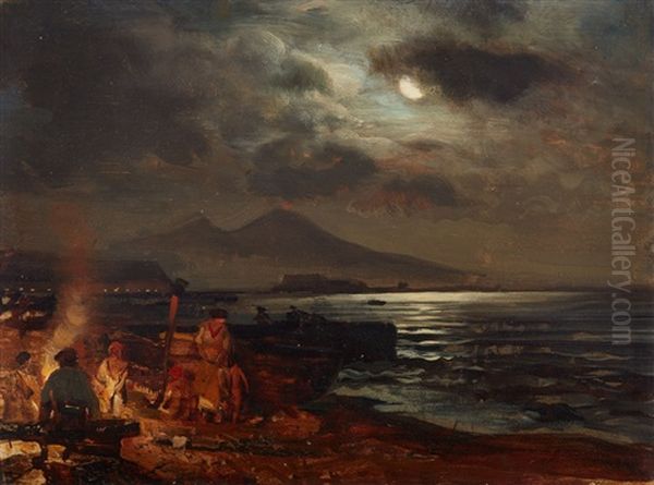 View Of The Bay Of Naples With Mount Vesuvius By Night - view 1