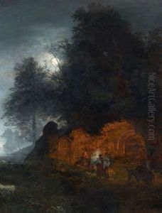 Italian Twilight Landscape With A Grotto by Oswald Achenbach