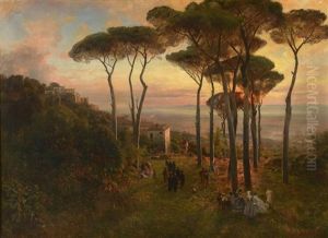Coucher De Soleil En Toscane Anime De Nombreux Personnages by Oswald Achenbach