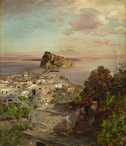 View Over Sant'angelo (ischia) To The Castello Aragonese, In The Background Mount Vesuvius - view 1