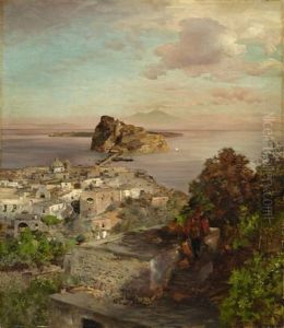 View Over Sant'angelo (ischia) To The Castello Aragonese, In The Background Mount Vesuvius by Oswald Achenbach