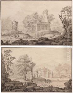 A Pair Of Pastoral Landscapes, With Herders By Riverside Ruins by Nicolaes Matthijsz. Aartman