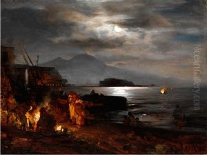 Nachtliche Kuste Bei Neapel Im Mondlicht by Oswald Achenbach