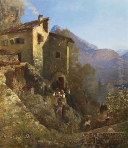 Blick Von Einem Gehoft Auf Einen See,verm. Comer See by Oswald Achenbach