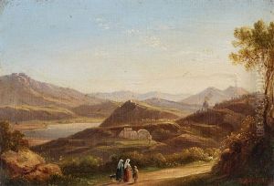 Lago Di Agnano Near Naples With A View Of Vesuvius by Oswald Achenbach