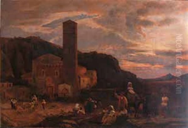 Paesaggio Con Chiesa E Viandanti In Abiti Tradizionali - view 1
