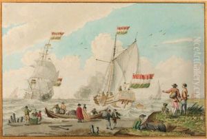 Figures On A Beach, With A Galley Firing A Salute And Other Shipsin The Distance; And Figures On A Beach, With Others Loading Aketch, Larger Vessels In The Distance
