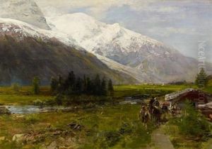 Hochgebirgslandschaft Mit Reisenden Vor Dem Mont Blanc Massiv by Oswald Achenbach