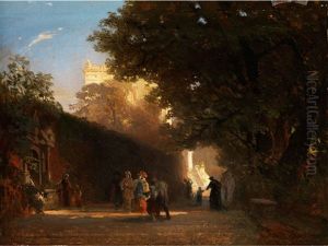 Italienische Villa Und Park Mit Vornehmer Gesellschaft Und Priestern by Oswald Achenbach