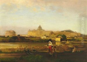 Romische Ansicht. Blick Uber Den Tiber Auf Peterskirche Und Engelsburg, Im Vordergrund Gansehirtin Mit Kind Romische Ansicht. Blick Uber Den Tiber Auf Peterskirche Und Engelsburg, Im Vordergrund Gansehirtin Mit Kind