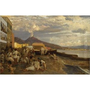 In Der Bucht Von Neapel-the Bay Of Naples, Vesuvius Beyond by Oswald Achenbach