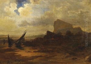 Vollmond An Der Kuste. Trocken Aufliegende Segelboote Vor Dunklen Klippen by Oswald Achenbach