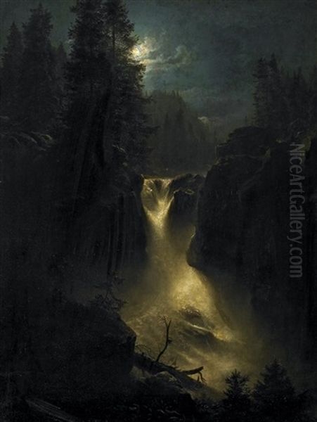 Wildwasserfall In Den Alpen Bei Mondenschein - view 1