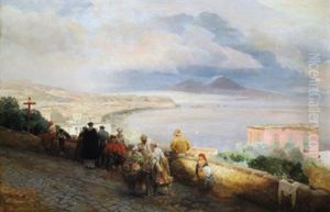 Blick Auf Den Golf Von Neapel, Von Posilippo Aus Gesehen, Im Vordergrund Reiche Figurliche Staffage by Oswald Achenbach